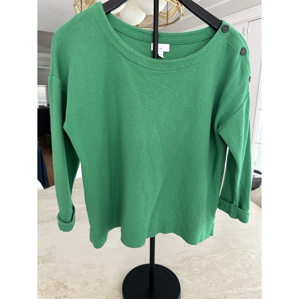 J Jill Green Boat Neck 3/4 Sleeve Shoulder Button Cotton Knit Pullover Top M Pet